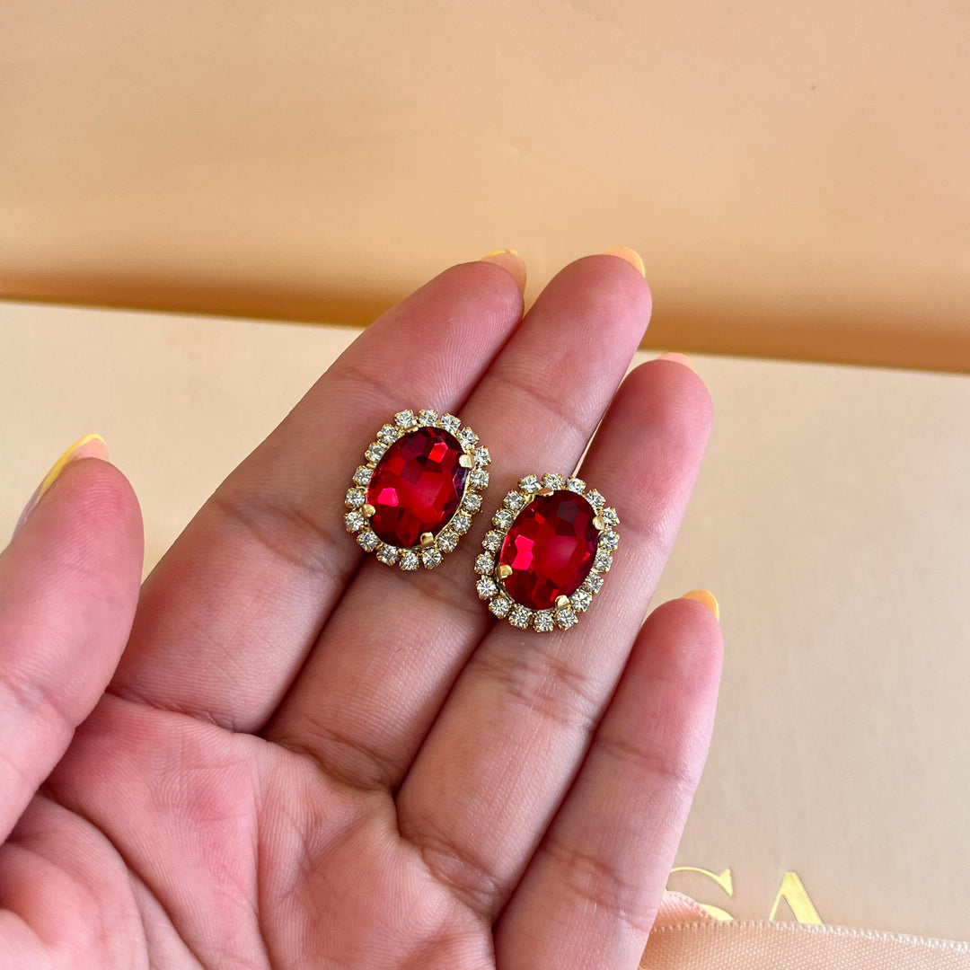 Red oval Preciosa crystals studs and ring