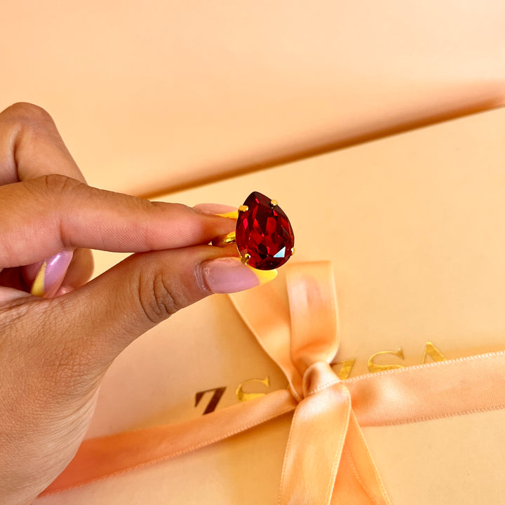 Red teardrop preciosa crystal ring