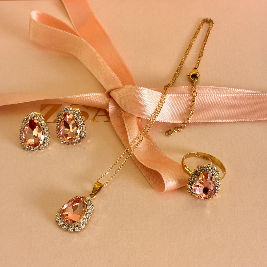Teardrop Peach Preciosa crystals gold plated set