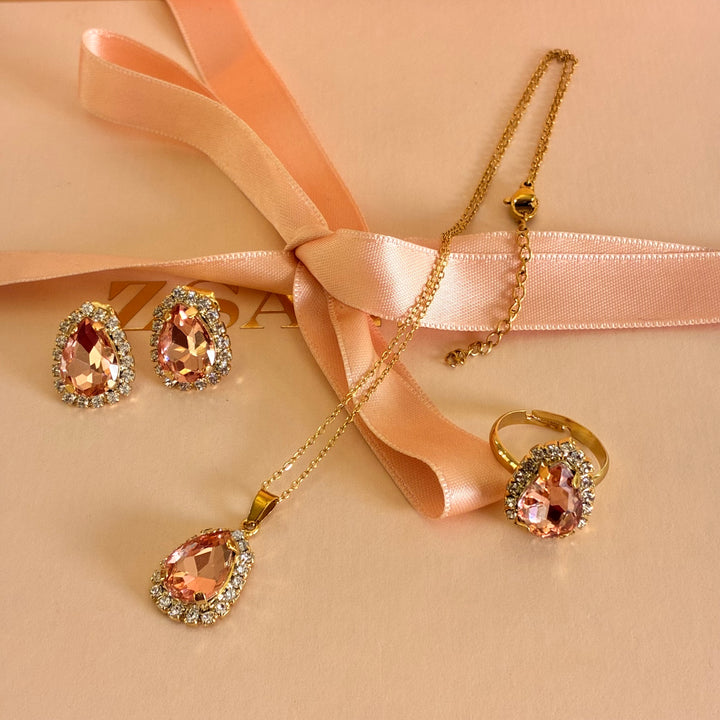 Teardrop Peach Preciosa crystals gold plated set