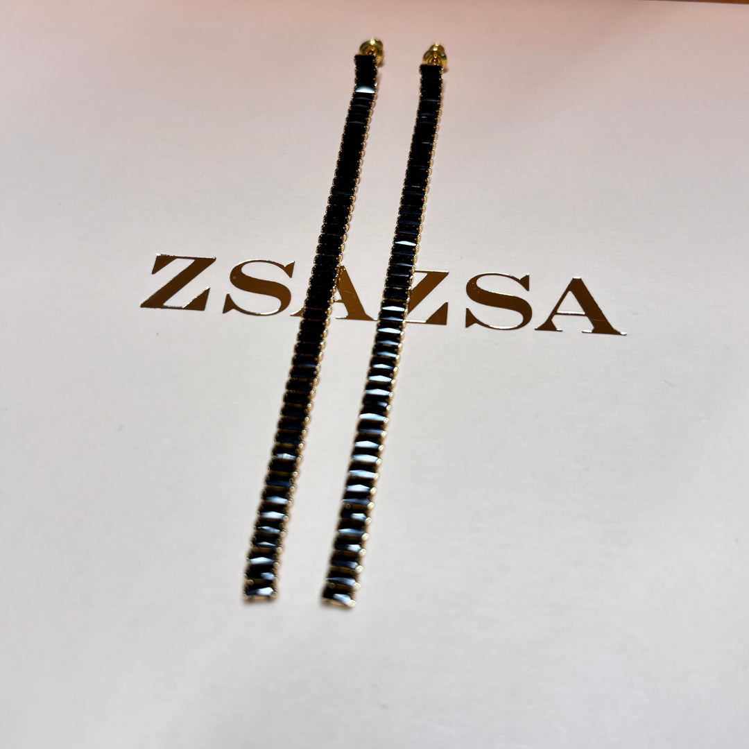 Long black rhinesetone baguette gold earrings