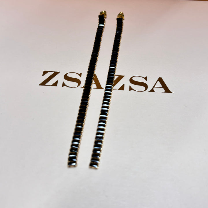 Long black rhinesetone baguette gold earrings