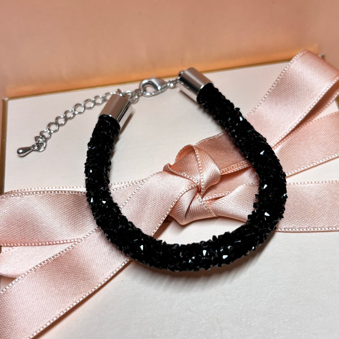 Black beads white gold plated bracelet