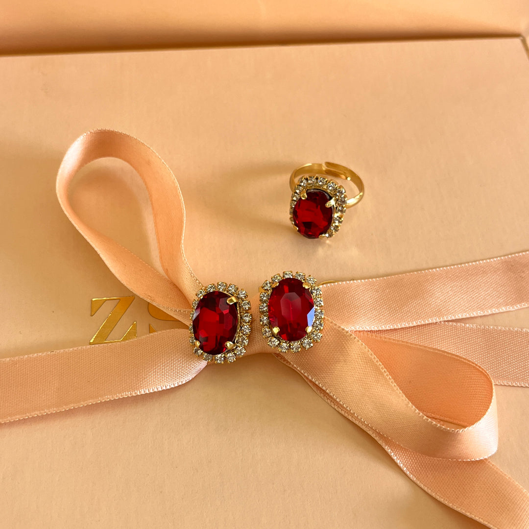 Red oval Preciosa crystals studs and ring