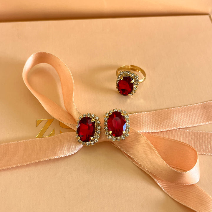 Red oval Preciosa crystals studs and ring
