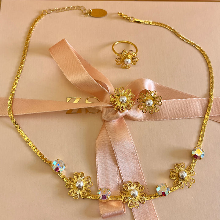 Aurora borealis Swarovski crystals and pearls handmade set