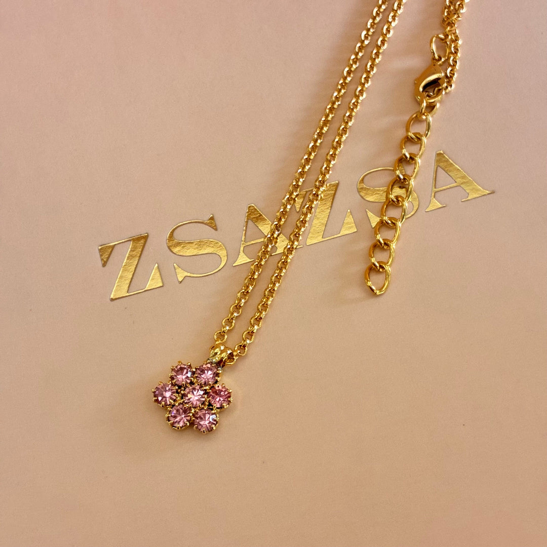 Flower pink crystals gold plated set