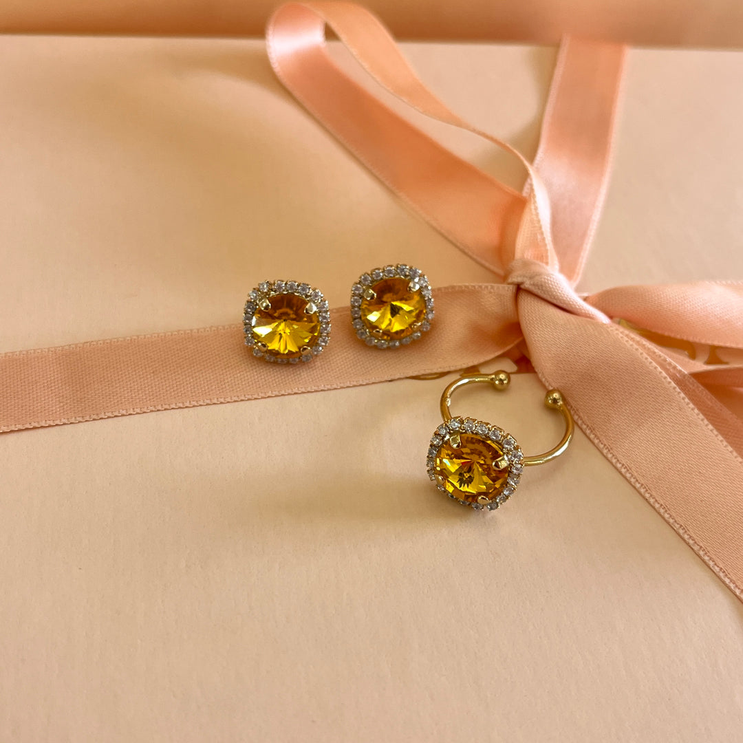 Yellow Swarovski crystals studs and ring