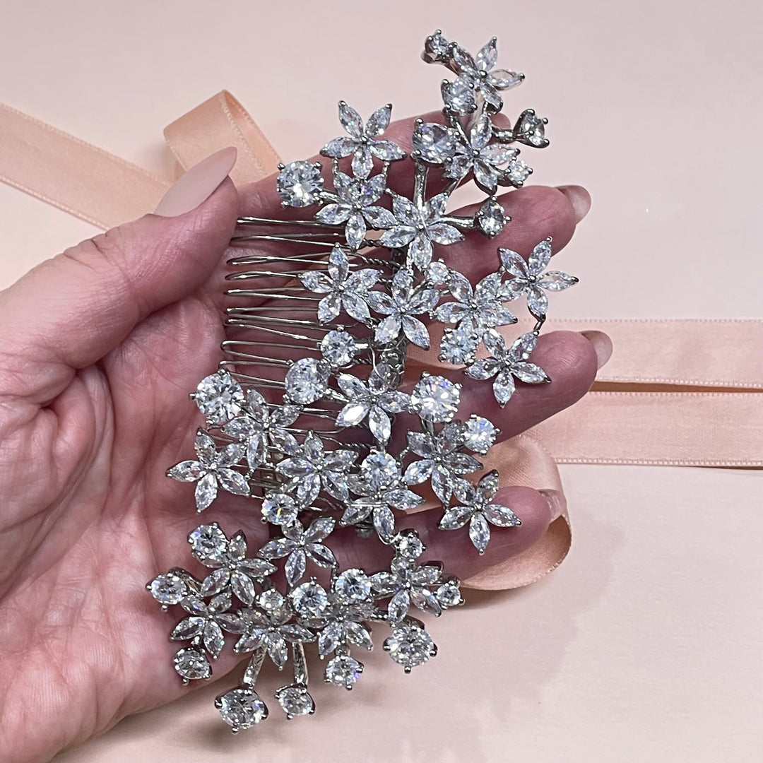 3-D silver statement cubic zircone comb