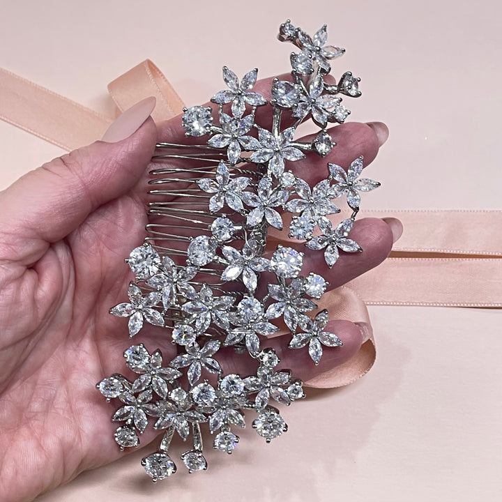 3-D silver statement cubic zircone comb