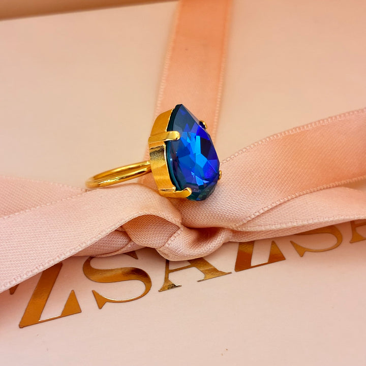 Teardrop royal blue Preciosa crystals gold plated ring