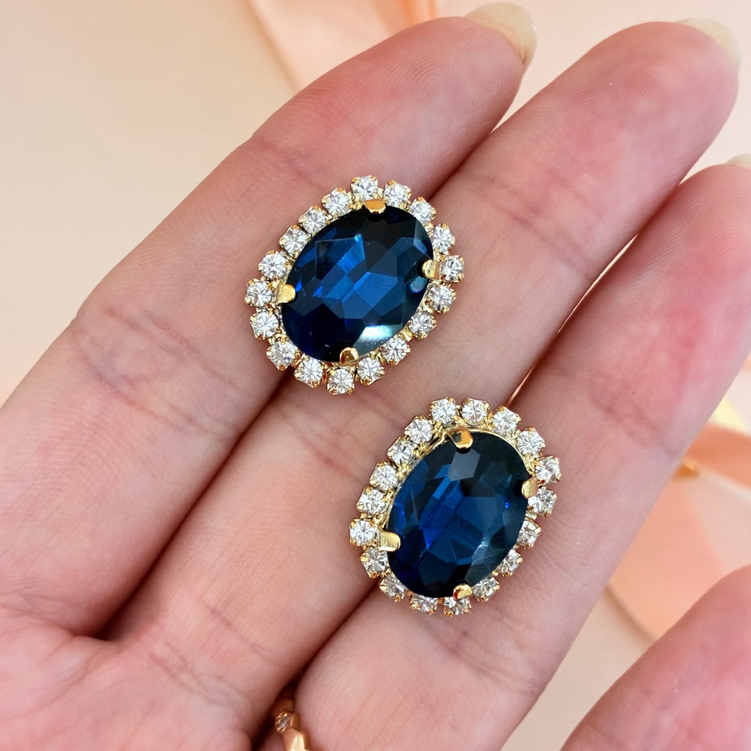 Navy blue oval Preciosa crystals studs and ring