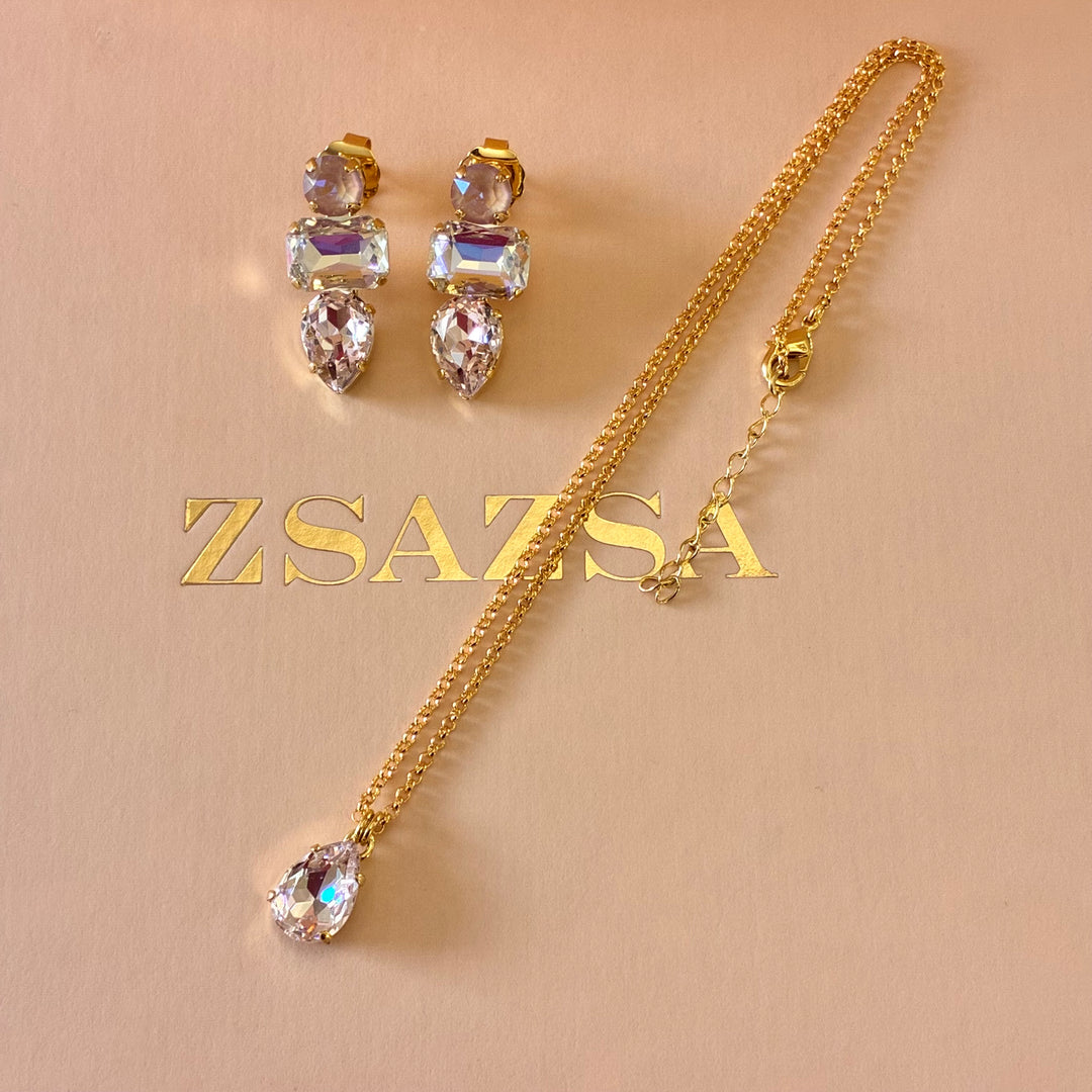 Mix of shape light pink Swarovski crystals gold plated set