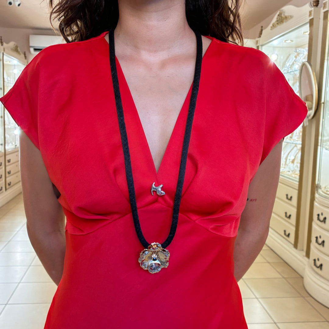 Black silk cord necklace with Flower Preciosa crystals