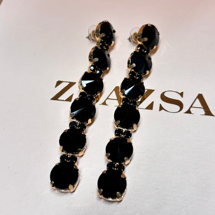 Long black rhinestone gold earrings