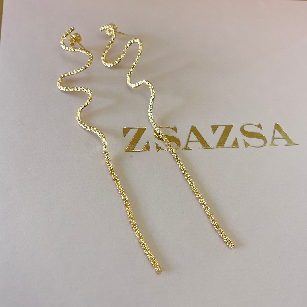 Gold handmade snake long earrings