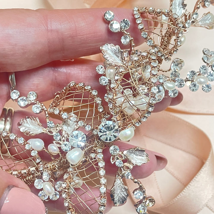 Rose gold delicate leaves and fresh water pearls clip