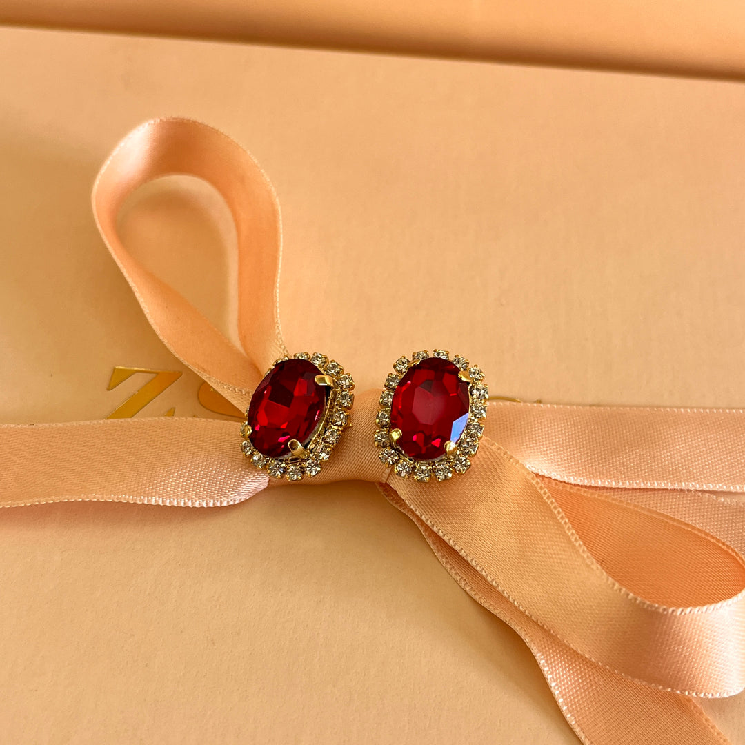 Red oval Preciosa crystals studs and ring