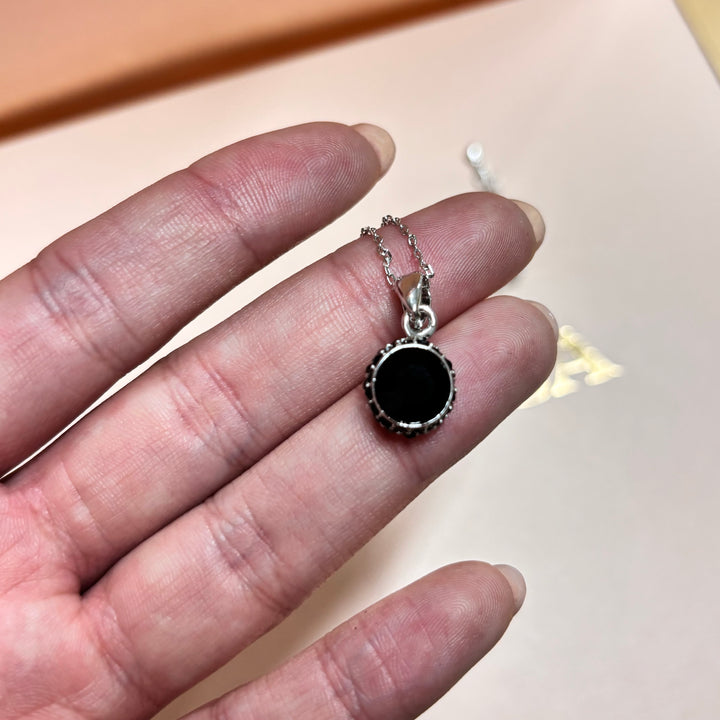 Dainty black solitaire rhinestone silver pendant