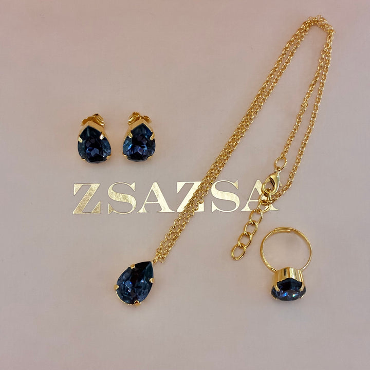 Teardrop Navy blue Preciosa crystals gold plated set