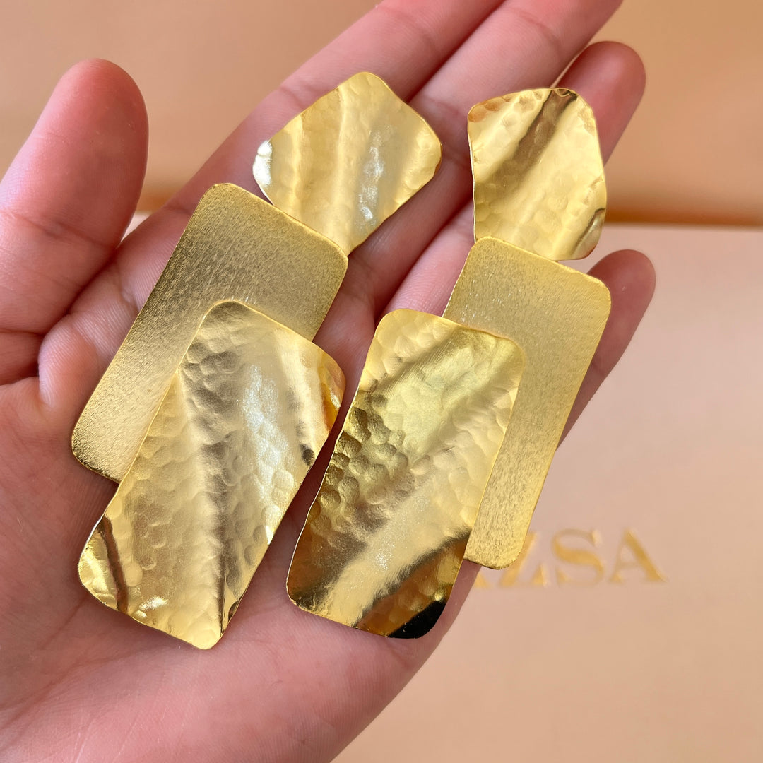 Gold rectangular handmade earrings