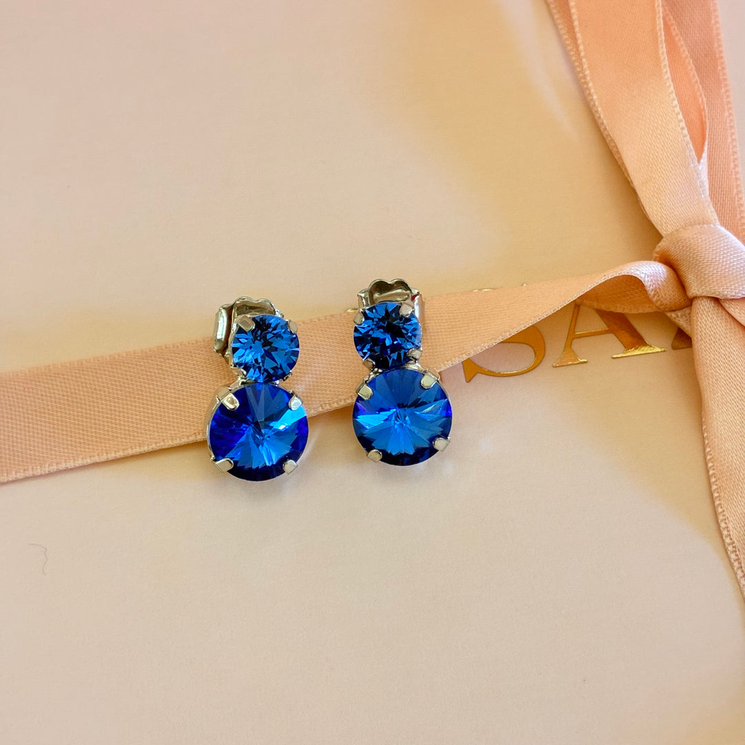 Double round royal blue silver earrings