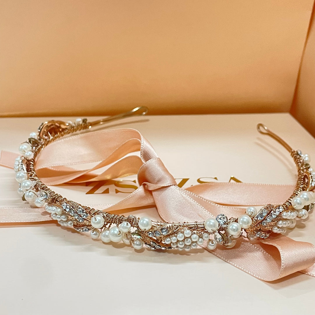 Dainty rose gold and pearls headband