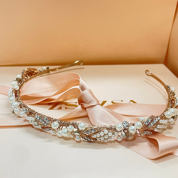 Dainty rose gold and pearls headband