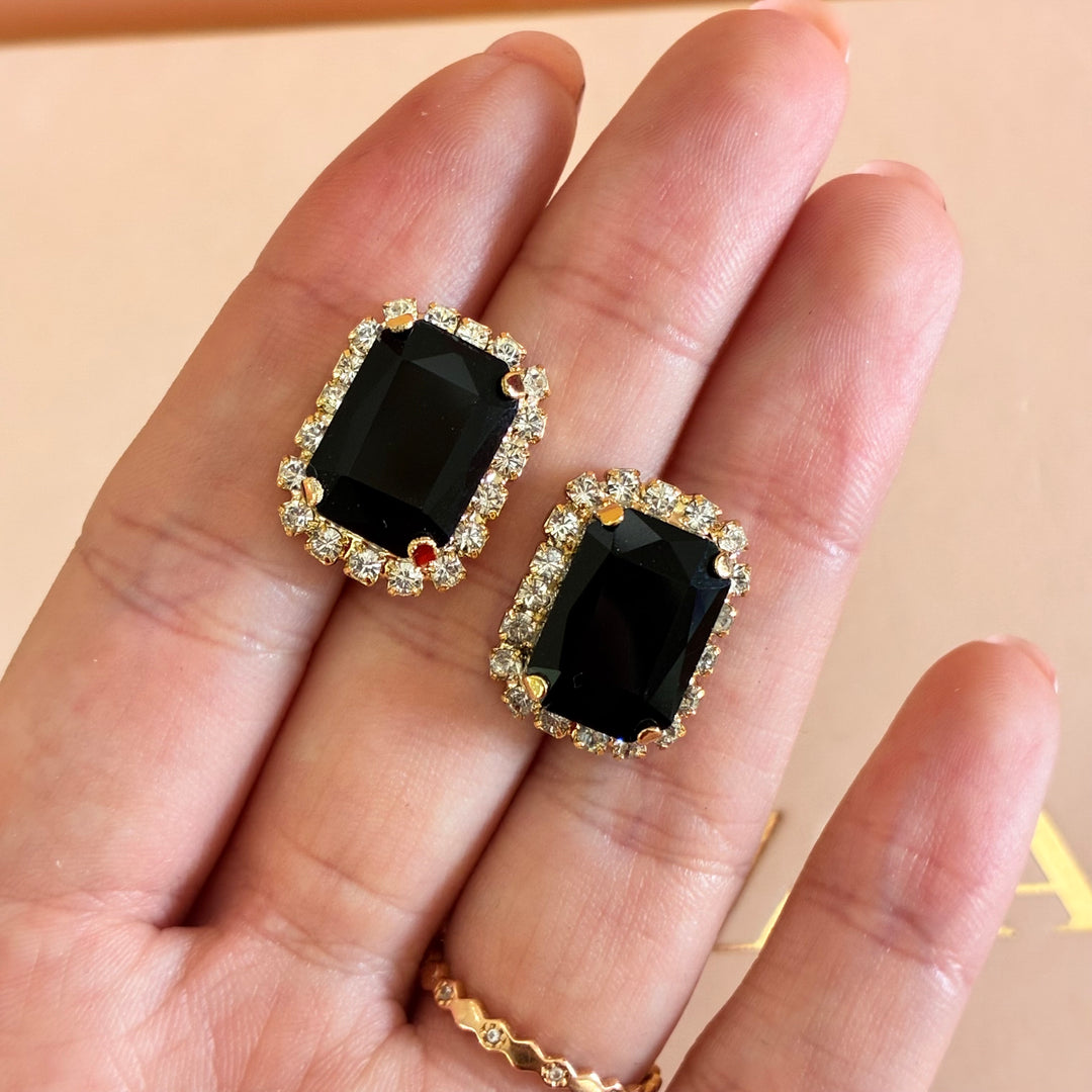 Rectangular Black Preciosa Crystals gold plated pendant set