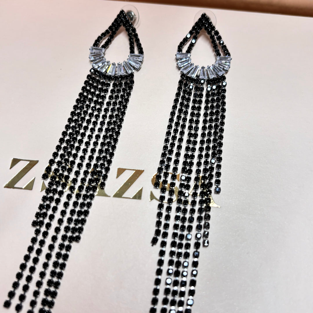 Black rhinestone long earrings