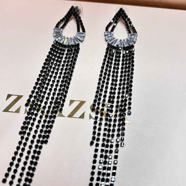 Black rhinestone long earrings