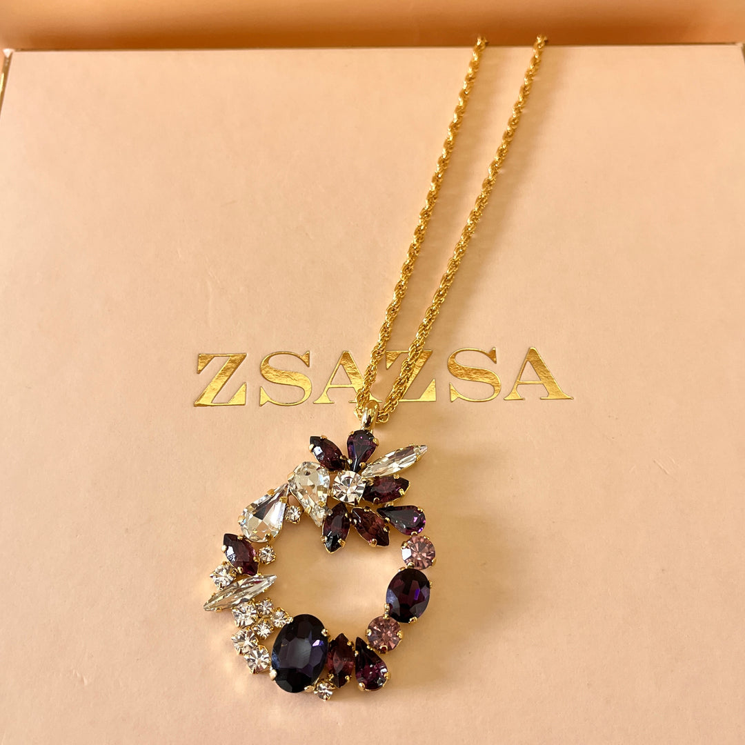 Shade of purple Preciosa crystals long pendant and ring