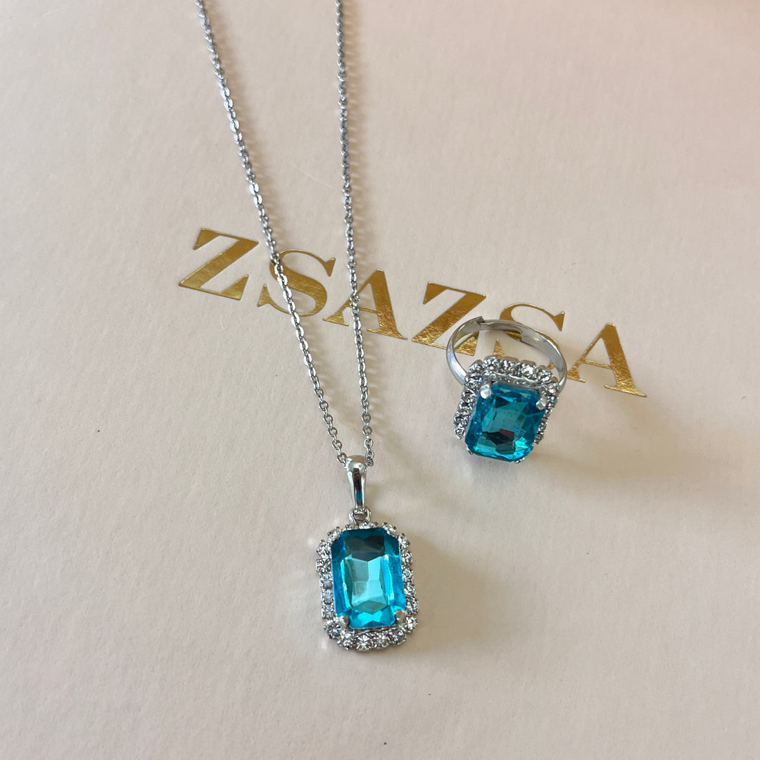 Turquoise rectangular Preciosa crystals pendant and ring