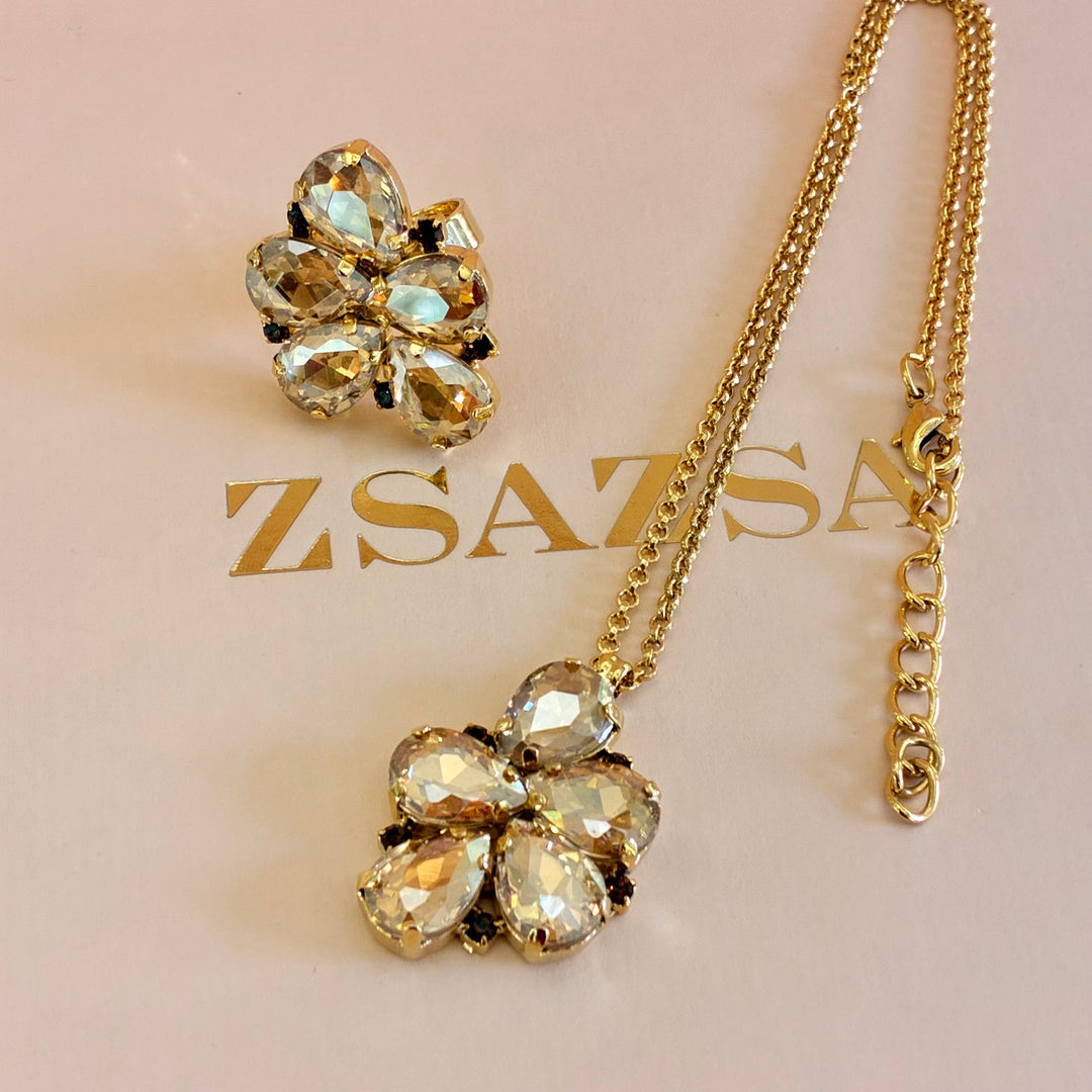 Champagne and brown Preciosa crystals pendant and ring