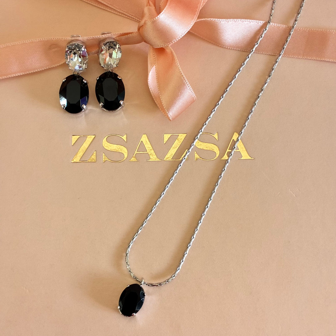 Black Swarovski crystals silver pendant set