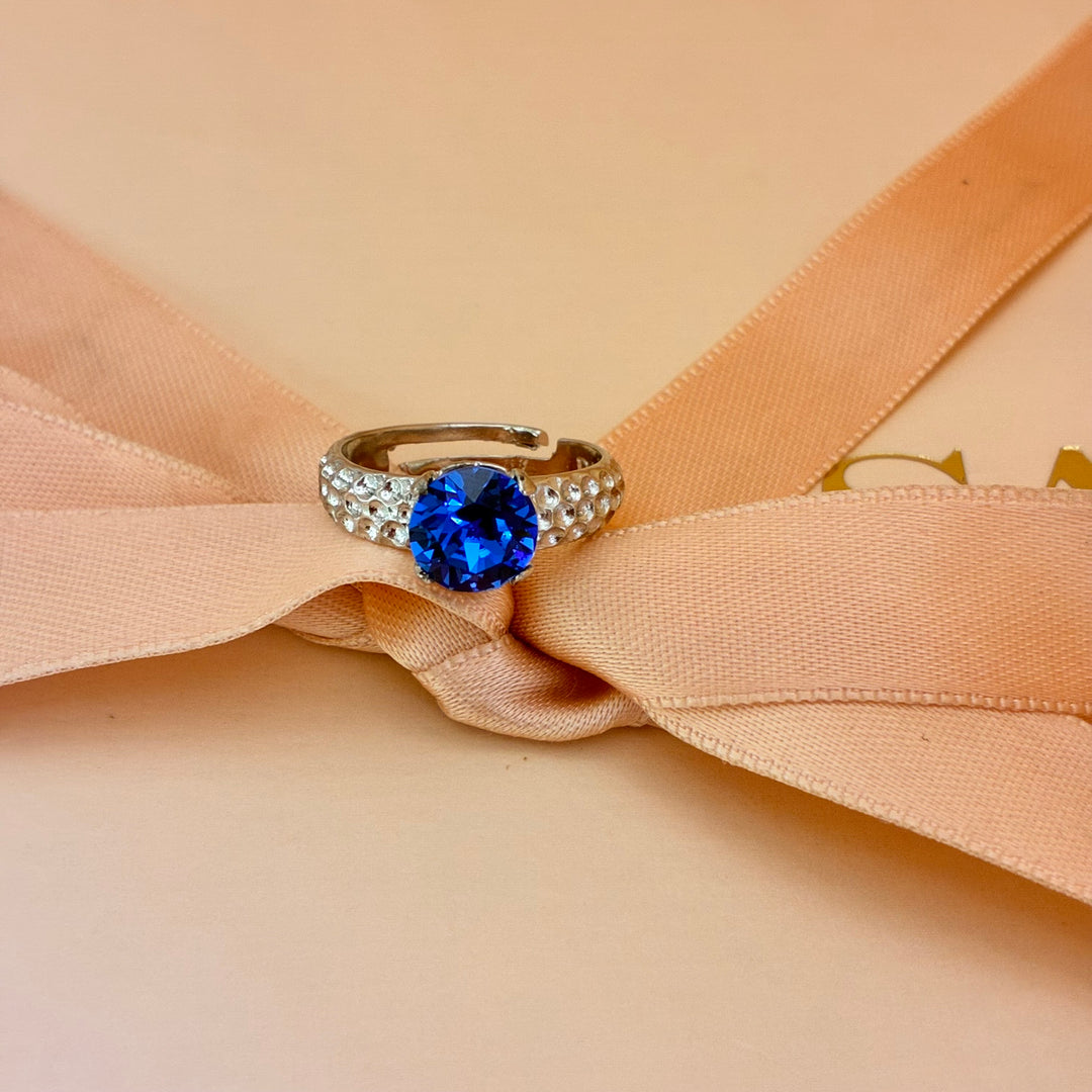 Royal blue Swarovski crystals silver ring