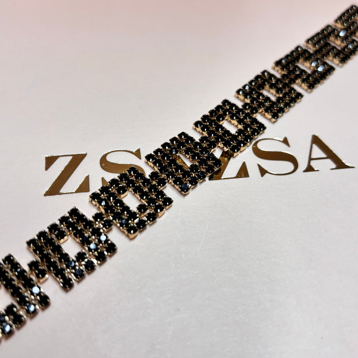 Black rhinestone squeares gold bracelet