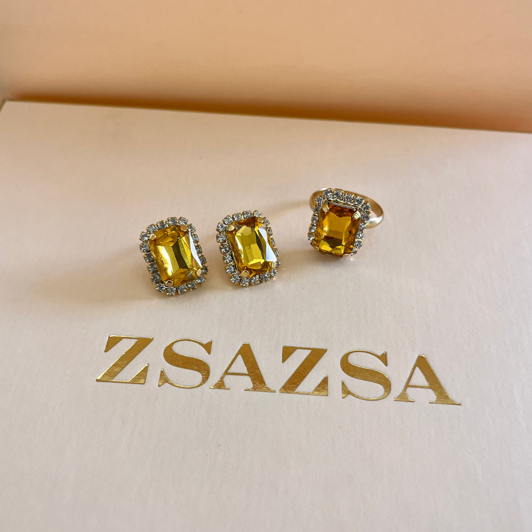 Yellow Swarovski crystals studs and ring