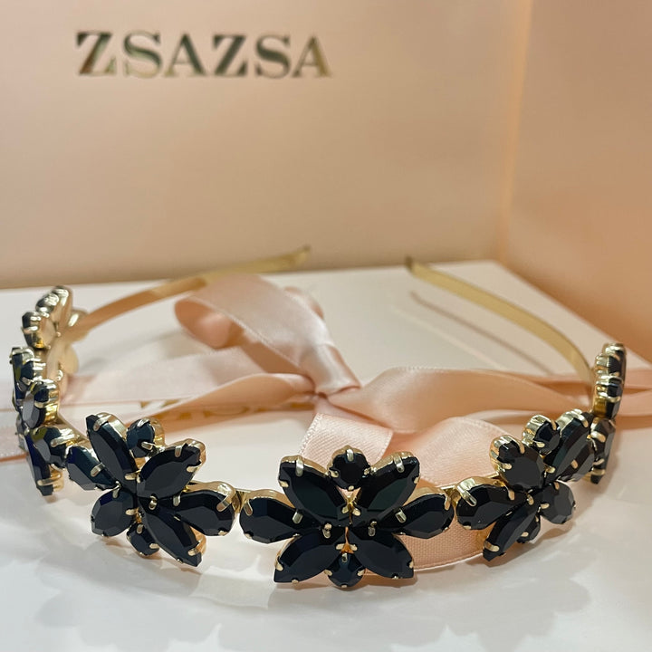 Black big stone marquise gold plated headband