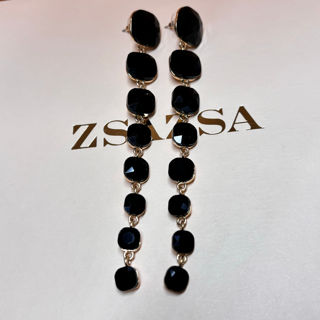 Long black rhinestone gold earrings