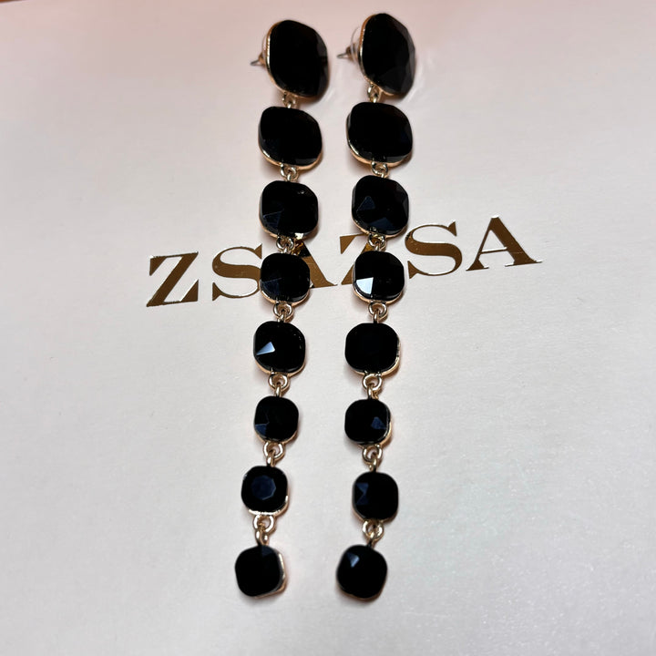 Long black rhinestone gold earrings