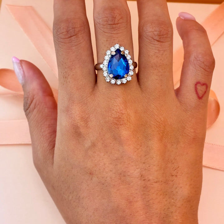 Teardrop royal blue Preciosa crystals silver ring
