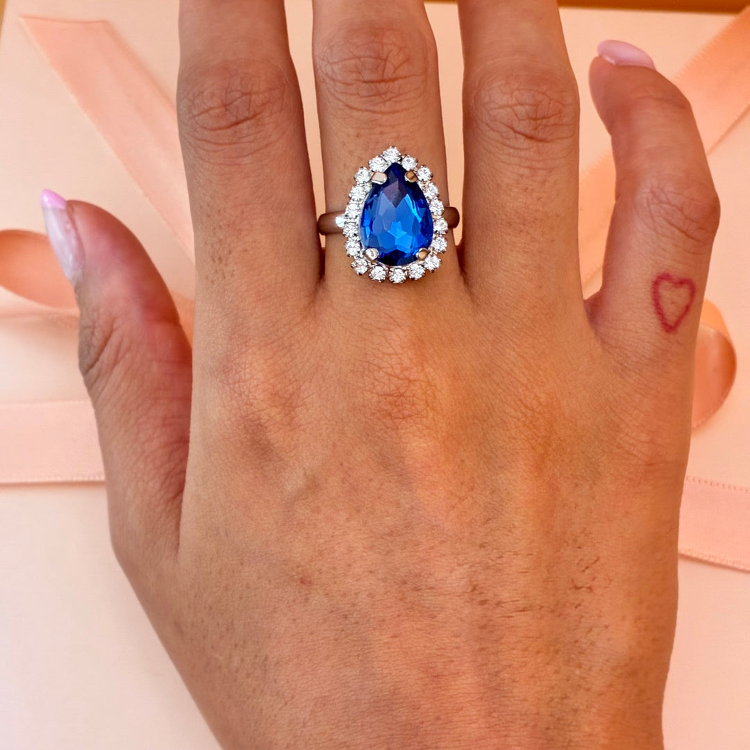 Teardrop royal blue Preciosa crystals silver ring