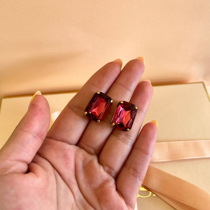 Red rectangular Swarovski crystals studs and ring