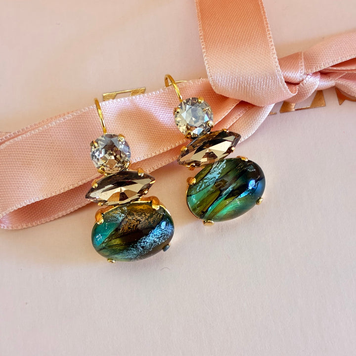 Bronze Hook Earrings with Swarovski Crystals & Iridescent Stone