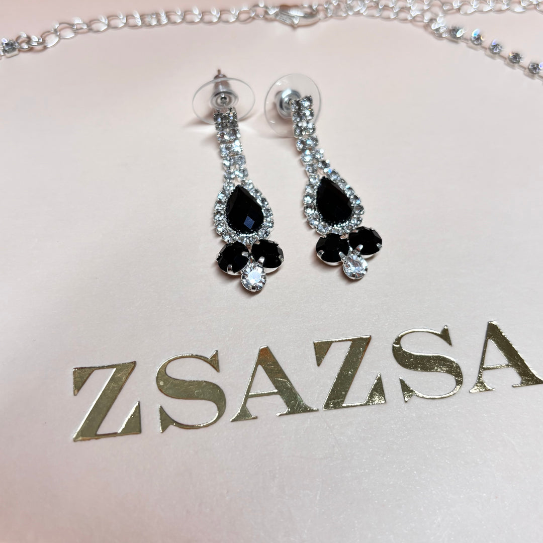 Teardrop black rhinestone silver set