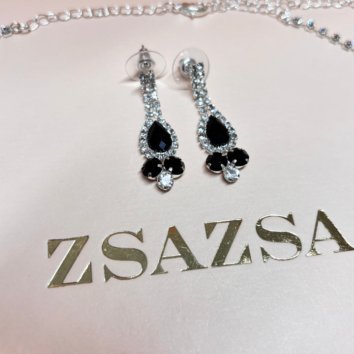 Teardrop black rhinestone silver set