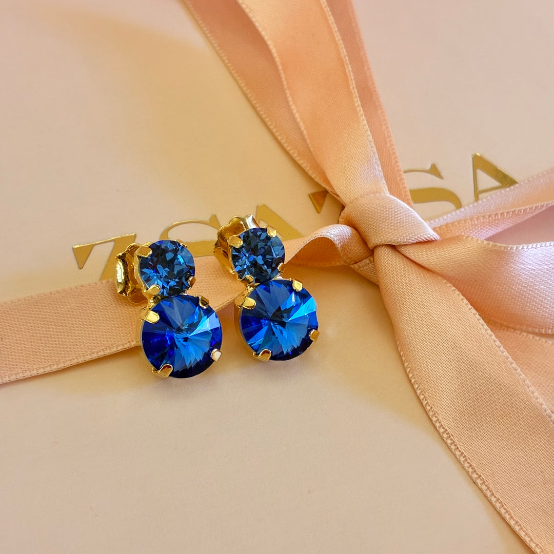 Double round royal blue gold plated earrings