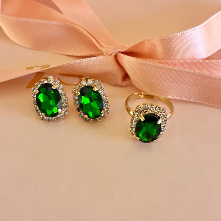 Green oval Preciosa crystals gold plated set