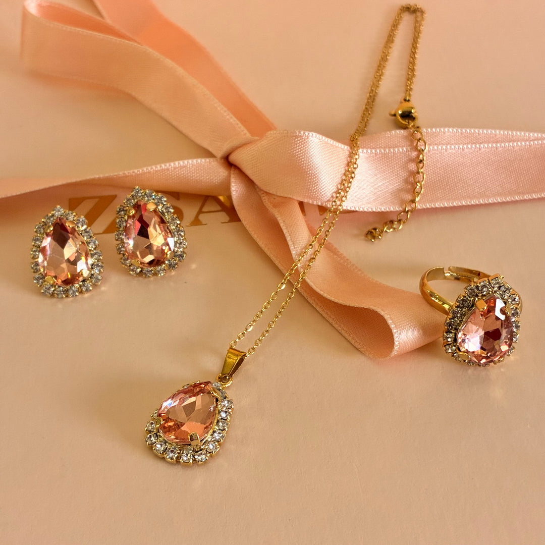 Teardrop Peach Preciosa crystals gold plated set